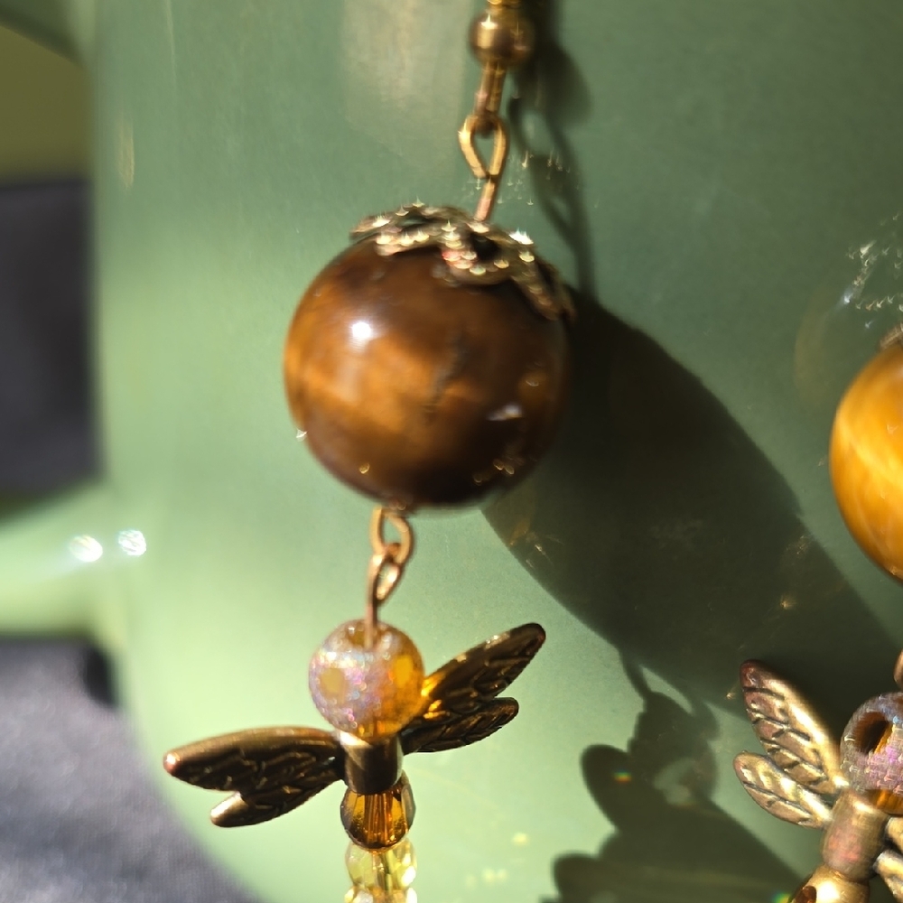Golden Dragonfly Earrings with Brown Accents - Picture 3 of 4